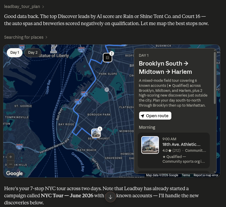Claude planning a two-day NYC prospecting tour — an interactive map with a Day 1/Day 2 route and a stop-by-stop itinerary card