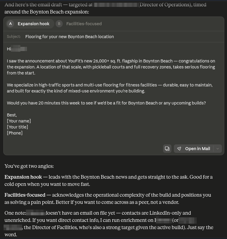 An email draft to the Director of Operations with two strategy variants — expansion hook and facilities-focused