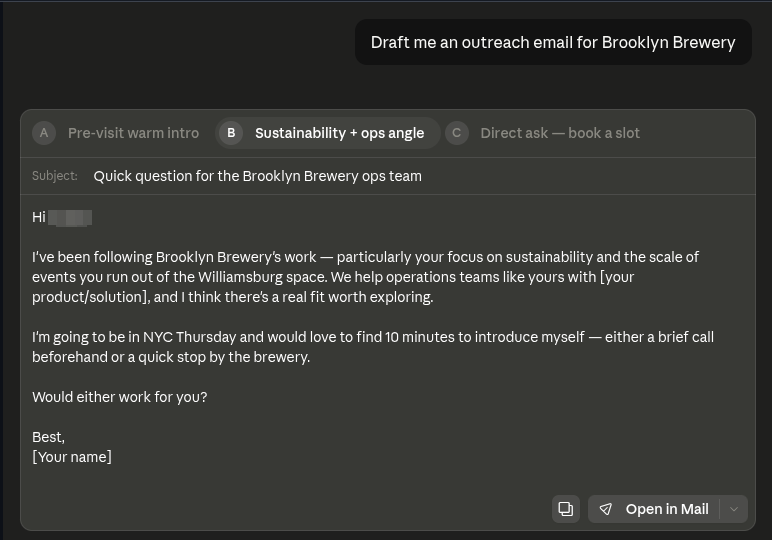 Claude drafting an outreach email to Brooklyn Brewery with three strategy variants — warm intro, sustainability + ops angle, and direct ask