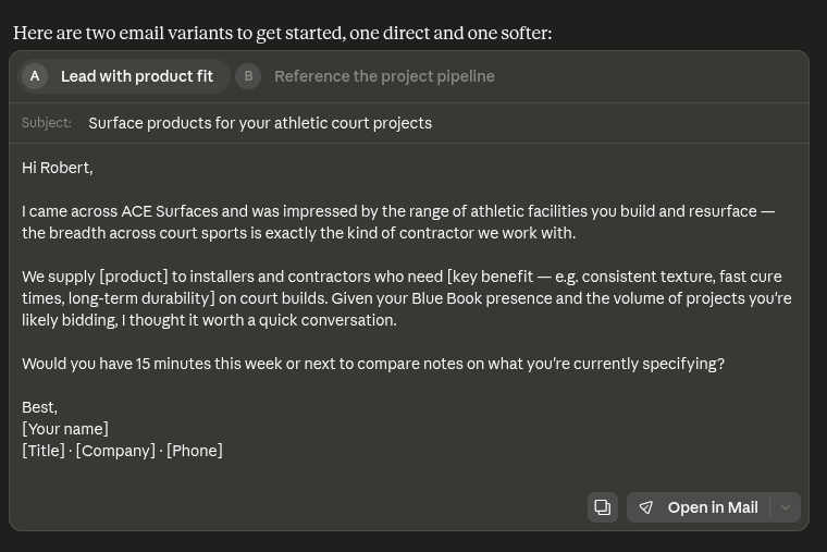 Claude drafting a personalized outreach email